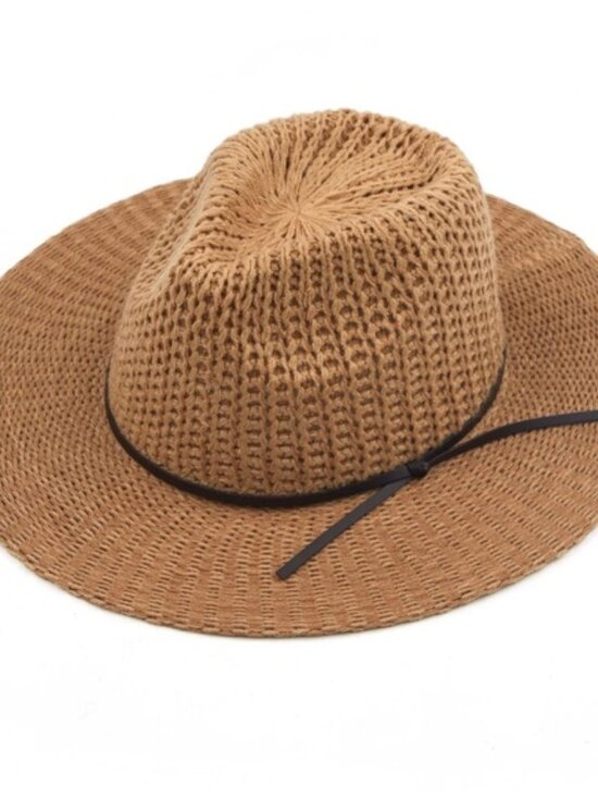 C.C Accessories - C.C Fedora Knitted Hat - Natural Beige with Dark leather Band. Adjustable